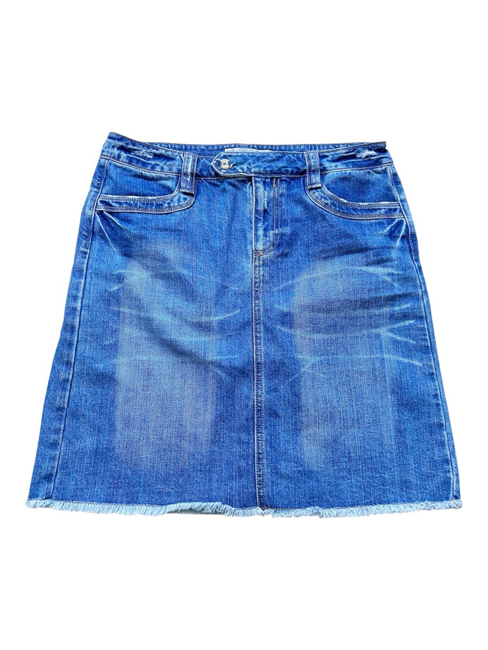 Vintage Old Navy Blue Denim A-Line Skirt with Frayed Hem Pockets Cotton Size 8